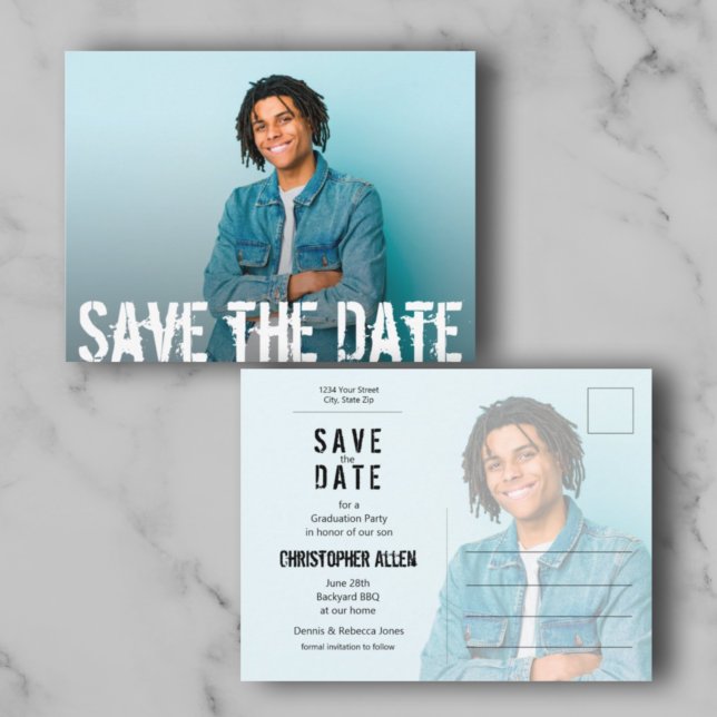 Grunge Script Foto Abschluss Save the Date Postkarte (Von Creator hochgeladen)