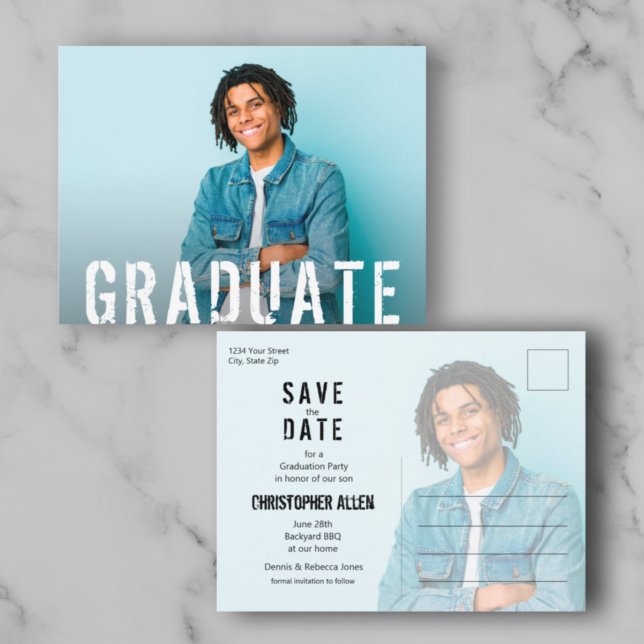 Grunge Script Foto Graduate Save the Date Postkarte (Von Creator hochgeladen)