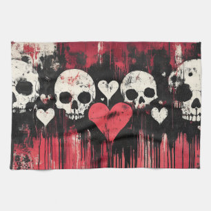 Grunge Skull and Hearts - Bold Red and Black Art Geschirrtuch