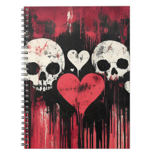 Grunge Skull and Hearts - Bold Red and Black Art Notizblock