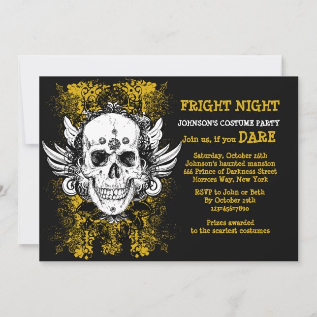 Grunge Skull Fright Night Black Einladung (Vorderseite)