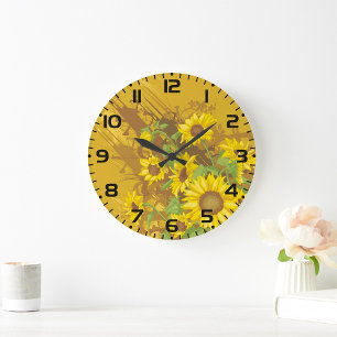 Grunge Sonnenblumen Kunst Bold Rustikal Gelbe Blüt Große Wanduhr