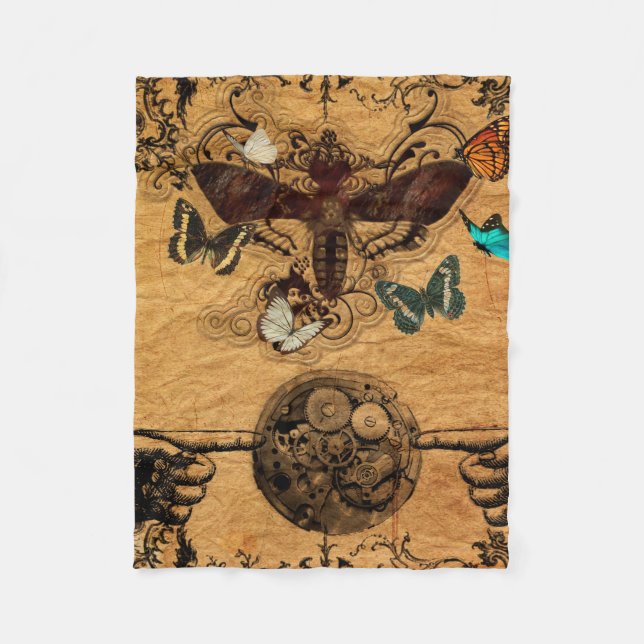 Grunge Steampunk viktorianischer Schmetterling Fleecedecke (Vorderseite)