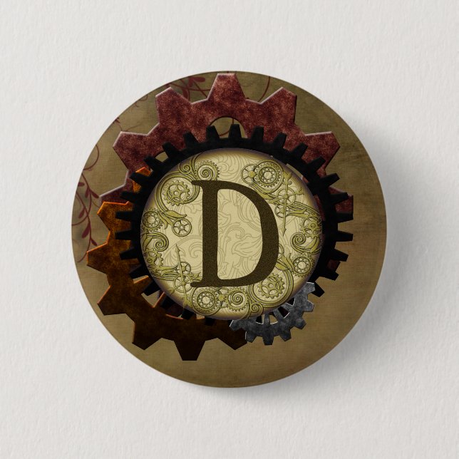 Grunge Steampunk Zahnräder Monogramm Buchstabe D Button (Vorderseite)