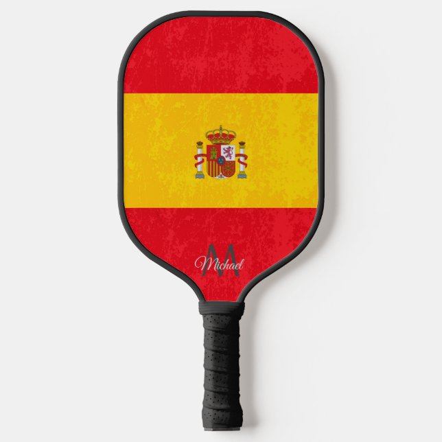 Grunge Textur Spanische Flagge Monogramm Name Pickleball Schläger (Vorderseite)