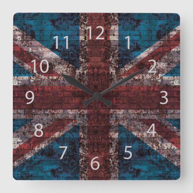 Grunge Union Jack auf Backstein Quadratische Wanduhr (Vorderseite)
