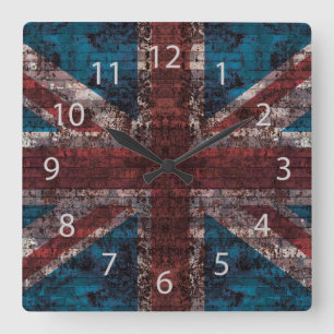 Grunge Union Jack auf Backstein Quadratische Wanduhr