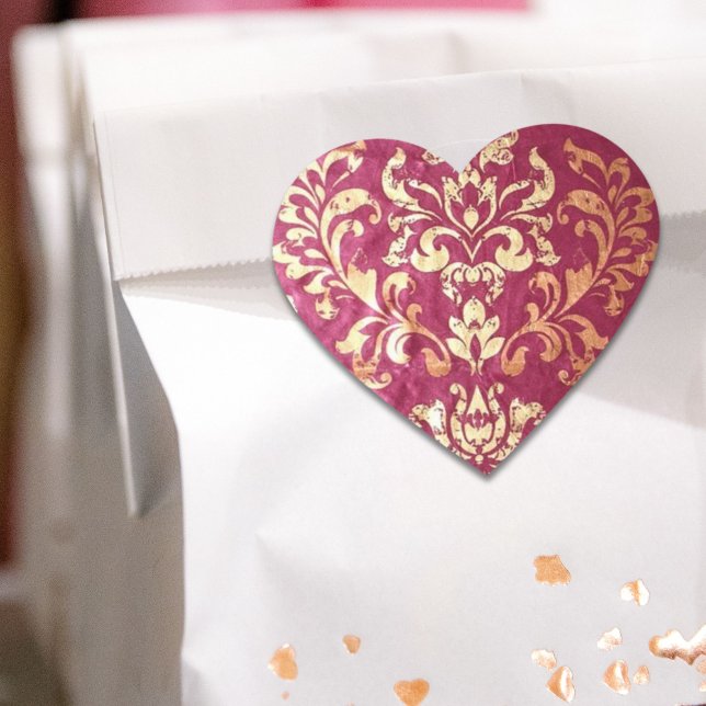 Grunge Viktorianische Golddampfer Herz-Aufkleber (grunge floral Victorian Gold Burgundy damask Heart Sticker)