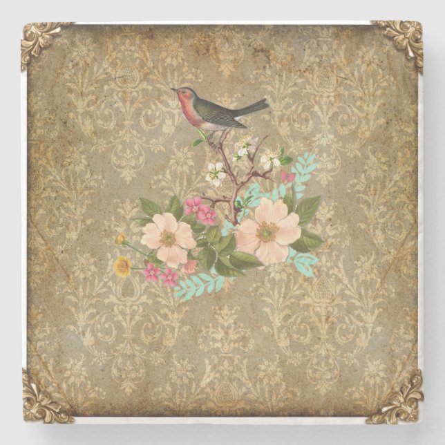 Grunge Vintage Damasvogel Blütenvogel viktorianisc Steinuntersetzer (Vorderseite)