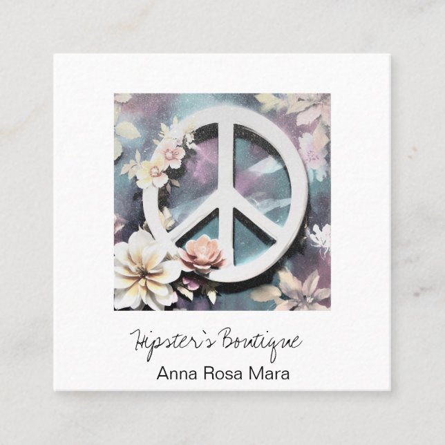 *~* Grunge White Peace Signature Blume Boho QR AP5 Quadratische Visitenkarte (Vorderseite)