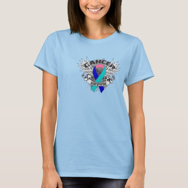 Grunge Winged Ribbon Schilddrüsenkrebsüberlebung T-Shirt (Vorderseite)