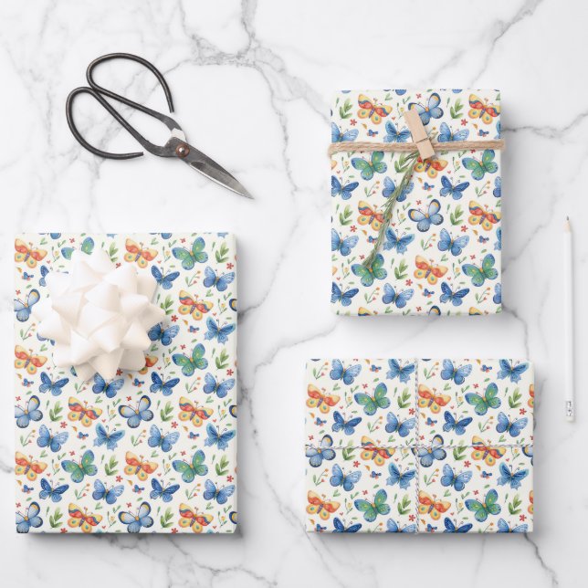 Grüngelbe blaue Schmetterlinge und Blume Geschenkpapier Set (Vorderseite)