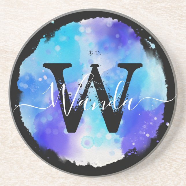 Grungey Blue Watercolor Monogram Calligraphy Getränkeuntersetzer (Vorne)