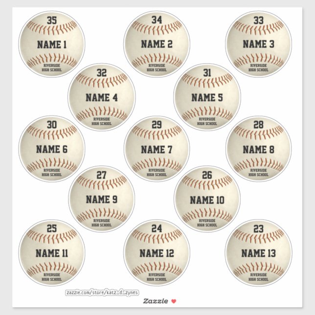 Grungy Baseballs Set mit 13 Spielernamen Aufkleber (Blatt)