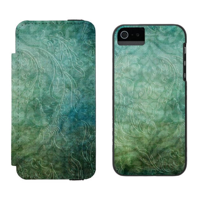 Grungy Embossed Aquamarin Blue Damask Incipio iPhone Geldbeutel-Hülle (Seite an Seite)