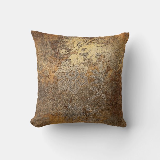 Grungy Golden Bronze Vintage Blumen Ornament Kissen (Vorderseite)