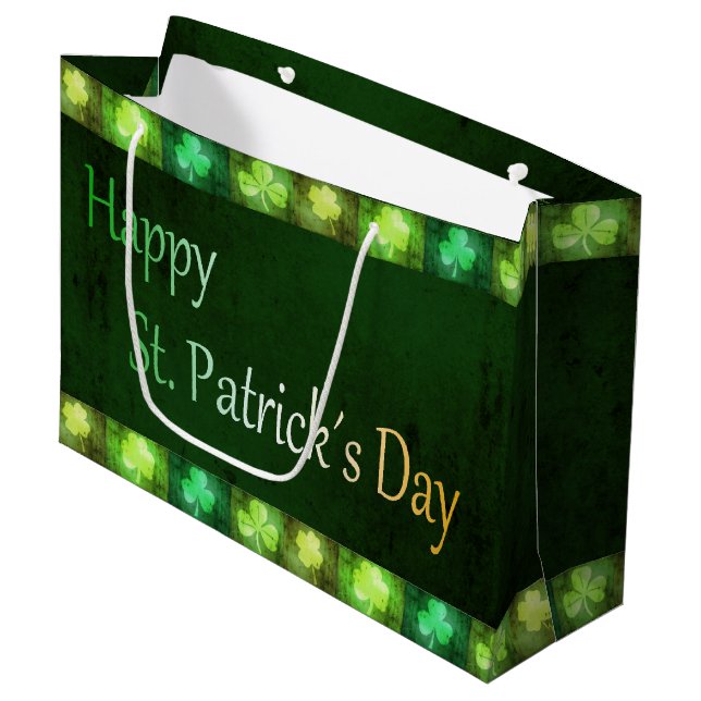 Grungy St. Patrick's Day Kleeblatts Große Geschenk Geschenktüte (Vorderseite Schrägansicht)