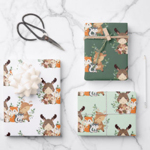 Grünholzpapier für niedliche Waldtiere Geschenkpapier Set