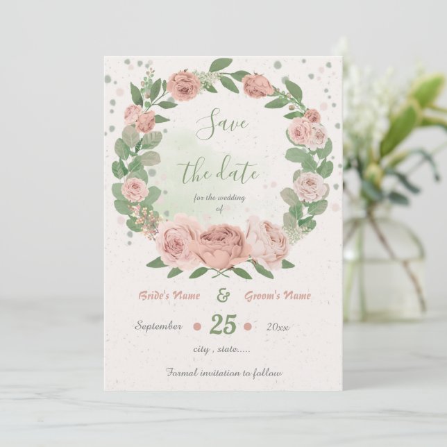 Grünkranz der Blume in Rosa Save The Date (Stehend Vorderseite)