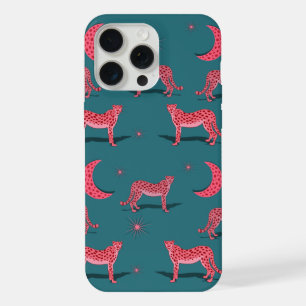 Grünlich-blauer Boho-Gepard und rosa Mond-Handyhül iPhone 15 Pro Max Hülle