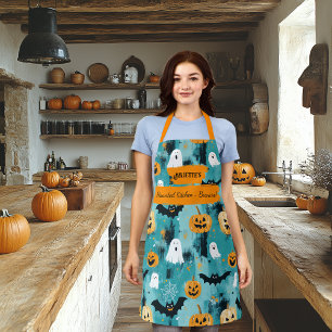 Grünlich-blauer Halloween mit Geistern, Kürbissen Schürze