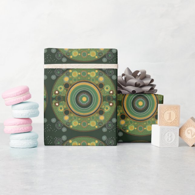 Grünpapier im Stil der Aborigine-Kunst Geschenkpapier (Babyparty)