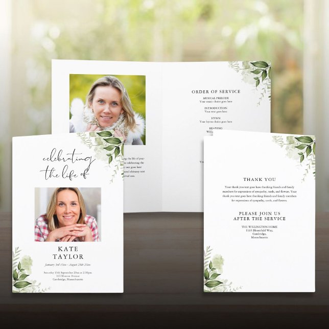 Grünpflanzen Beerdigung Reihenfolge des Dienstes e Programm (Greenery Floral Funeral Order Of Service Folded Program)