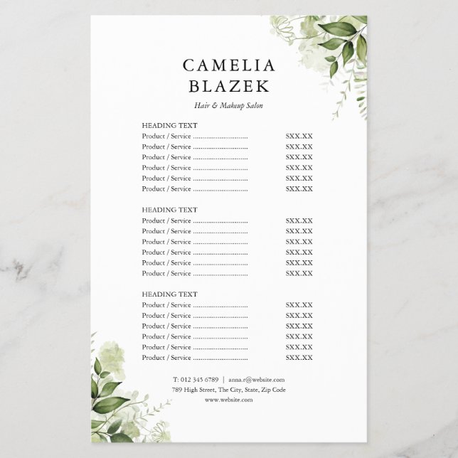 Grünpflanzen Blumen 2-seitiges Service-Menü Preisl Flyer (Vorne)