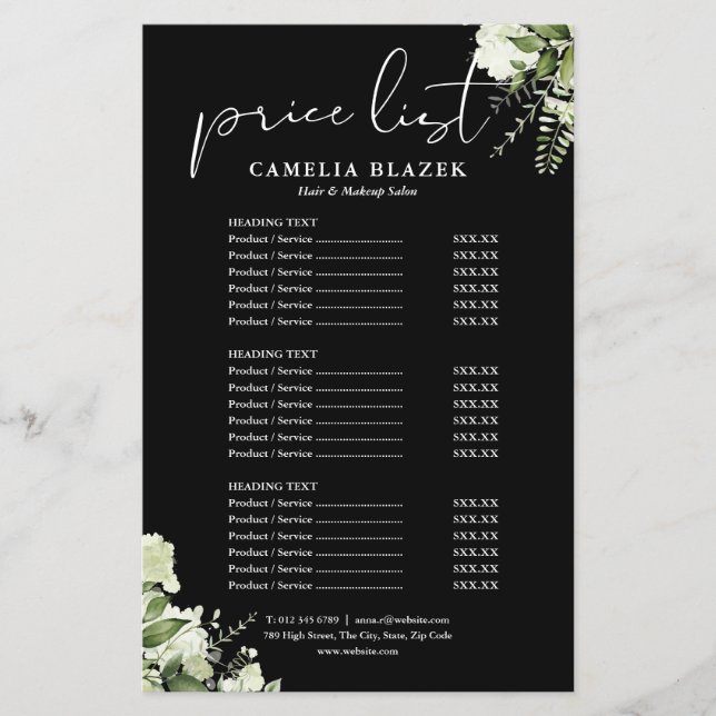 Grünpflanzen-Blumensalon-Service-Menü-Preisliste Flyer (Vorne)