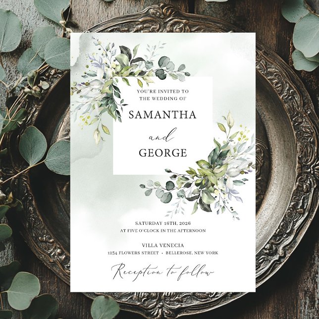 Grünpflanzen boho Moderne Eukalyptus Hochzeit Einladung (Greenery foliage boho modern eucalyptus wedding invitation)
