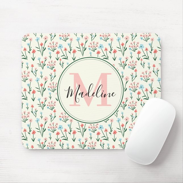 Grünpflanzen Botanische Blume Rosa Monogramm Mousepad (Mit Mouse)