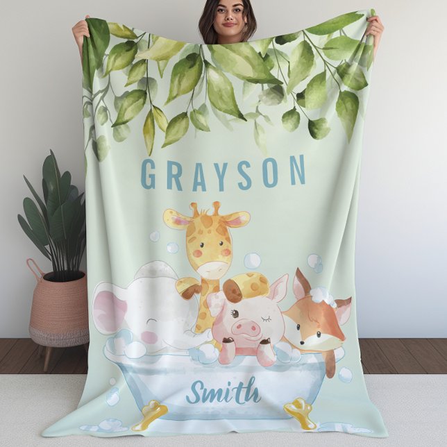 Grünpflanzen Botanische Niedliche Babytiere in ein Fleecedecke (Greenery Botanical Cute Baby Animals in a Tub Fleece Blanket (L))