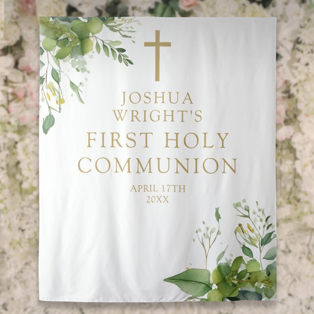 Grünpflanzen Erste heilige Kommunion Foto Hintergr Wandteppich (Greenery First Holy Communion Photo Backdrop)