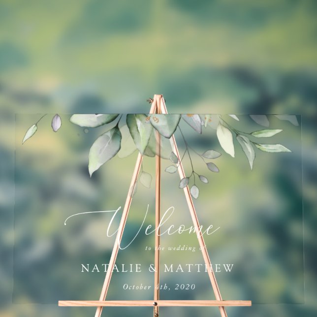 Grünpflanzen, Eukalyptus-Blätter, Begrüßung Acrylschild (Neutral)