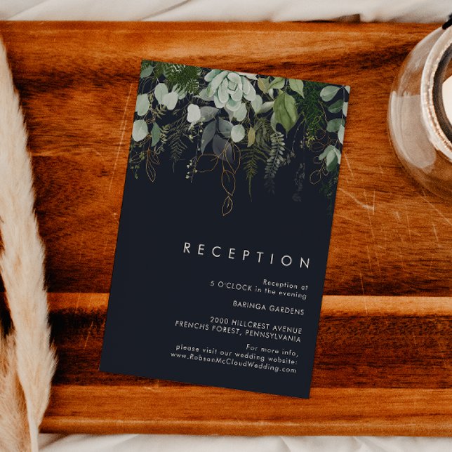 Grünpflanzen & Gold Leaf | Dunkle Hochzeitsempfang Begleitkarte (Von Creator hochgeladen)