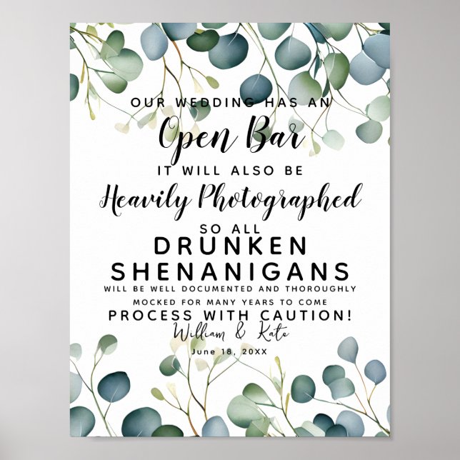 Grünpflanzen Open Bar wedding sign eucalyptus Poster (Vorne)