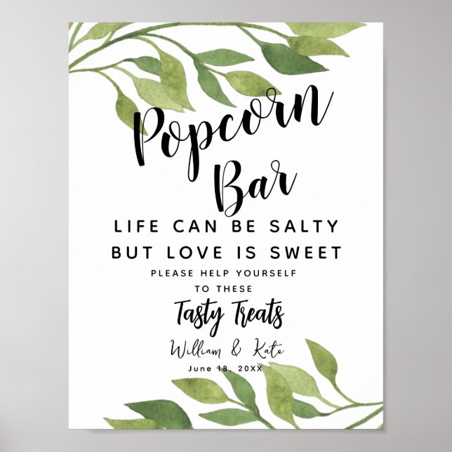 Grünpflanzen Popcorn Bar Hochzeitszeichen Poster (Vorne)