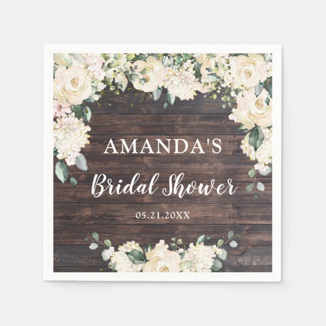 Grünpflanzen rustikales Holz bohenhafte Rosen Serviette (Vorderseite)