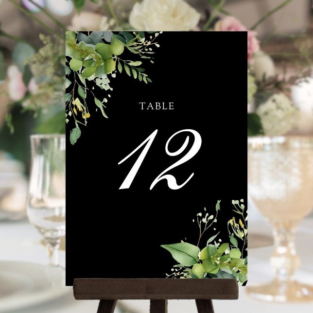 Grünpflanzen Schwarz-Weiß-Tischnummer Dankeskarte (Greenery Floral Black And White Table Number)