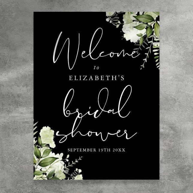 Grünpflanzen Schwarz-weißes Brautparty Begrüßungsz Poster (Greenery Black White Bridal Shower Welcome Sign)