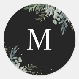 Grünpflanzen | Schwarzer Monogramm-Umschlag Aufkle Runder Aufkleber