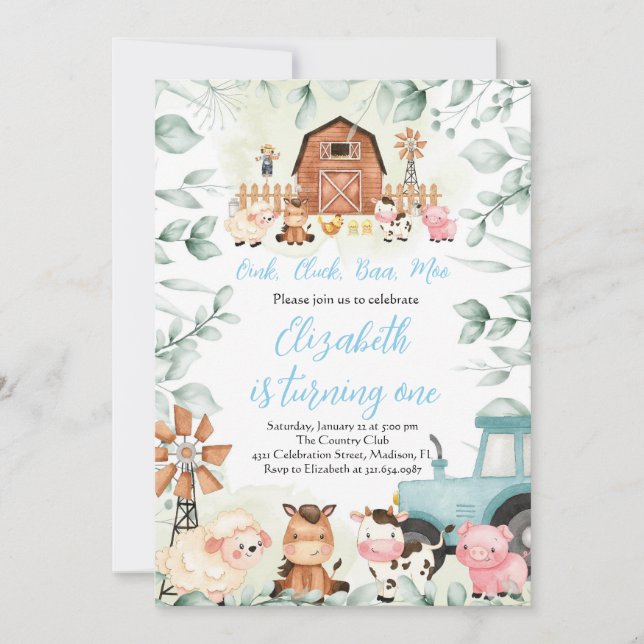 Grünpflanzen Tiere Barnyard Blue Boy Geburtstag Einladung (Vorderseite)
