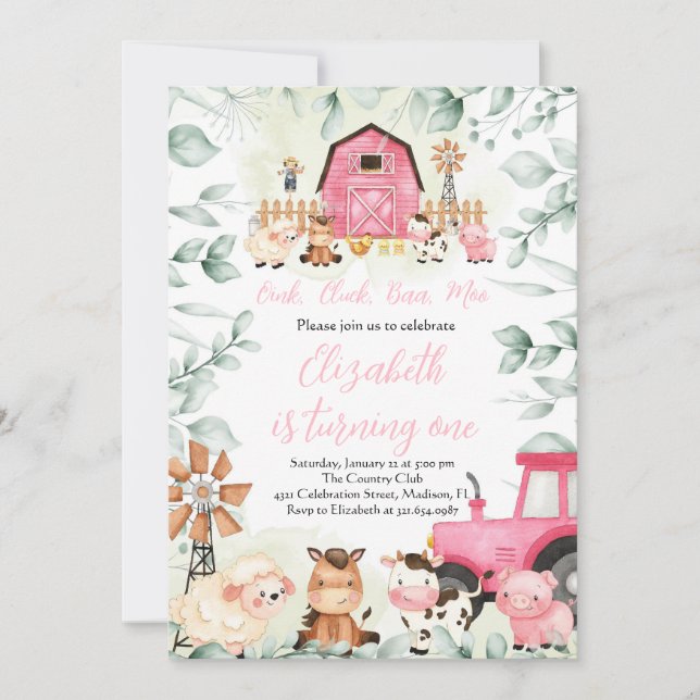 Grünpflanzen Tiere Barnyard Pink Girl Geburtstag Einladung (Vorderseite)