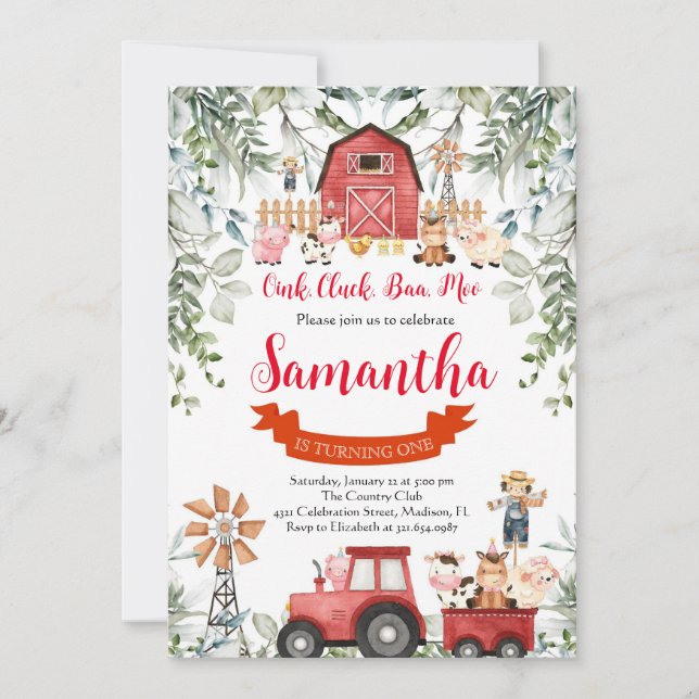 Grünpflanzen Tiere Barnyard Red Boy Geburtstag Einladung (Vorderseite)