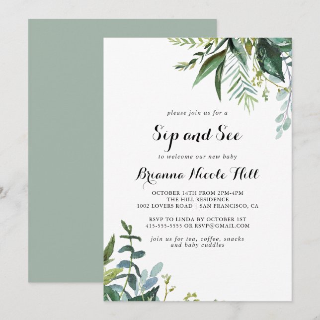 Grünpflanzen Tropical Moderne Kalligraphie Sip and Einladung (Vorne/Hinten)