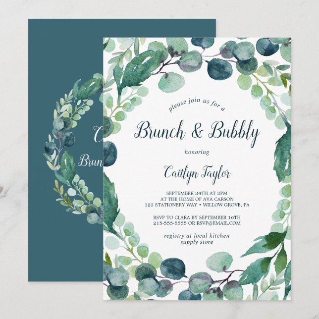 Grünpflanzen und Eukalyptus Brunch und Bubbly Einladung (Vorne/Hinten)