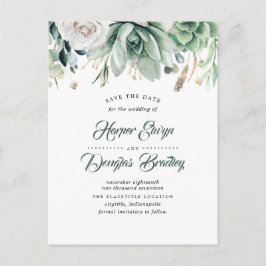 Grünpflanzen und Gold Elegant Botanisch Save the D Ankündigungspostkarte