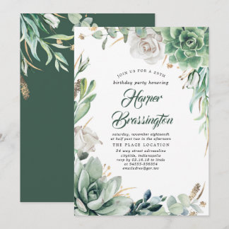 Grünpflanzen und Gold | Elegante Sommer-Geburtstag Einladung