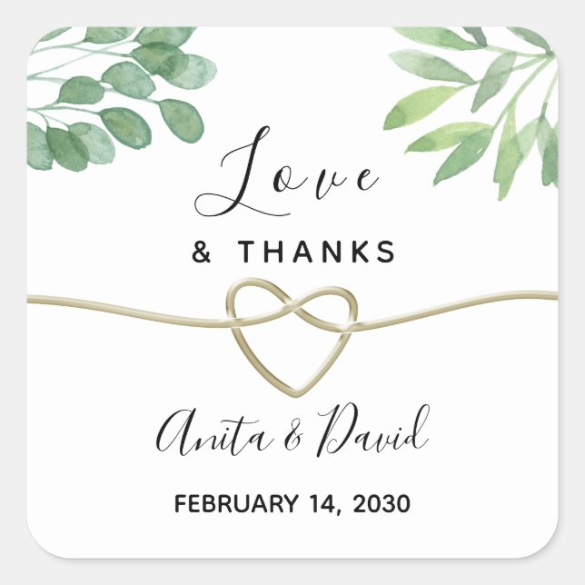 Grünpflanzen und Gold-Gastgeschenk Hochzeit Quadratischer Aufkleber (Vorderseite)