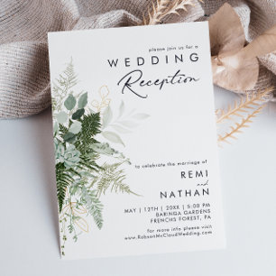 Grünpflanzen und Goldblatt-Hochzeitsempfang Einladung